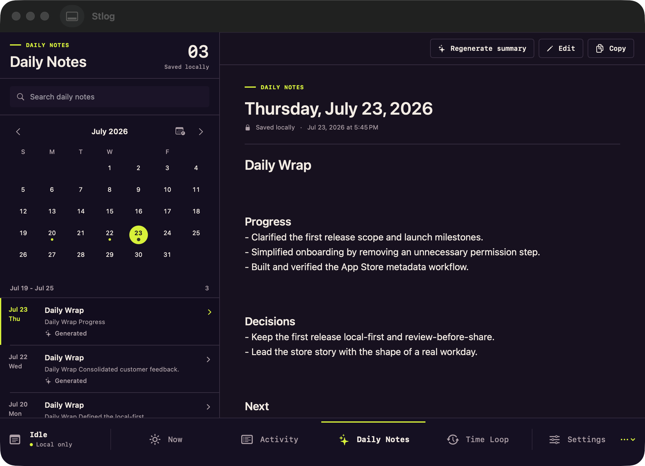 Stlog Daily Notes view showing a reviewable Daily Wrap