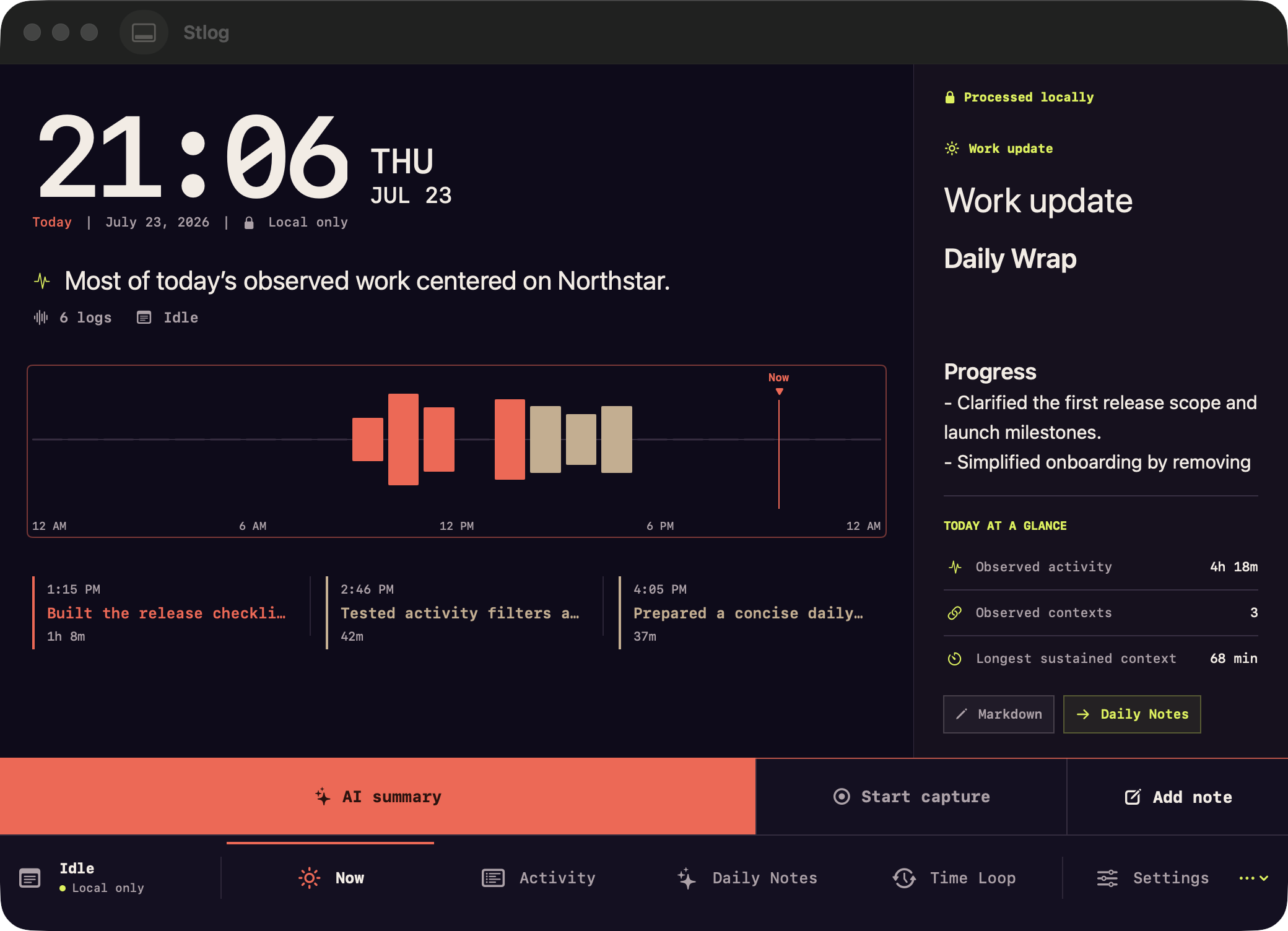 Stlog Today view showing a local work timeline and Daily Wrap preview